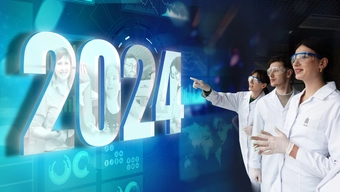 An abstract image of three scientists in lab coats looking at large number 2024