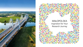 Grafika dekoracyjna z nazwą projektu po prawej stronie. Po lewej zdjęcie jednego z mostów krakowskich.