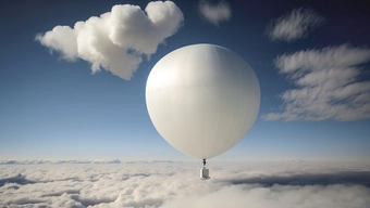 Biały balon unosi się ponad warstwą chmur na tle błękitnego nieba