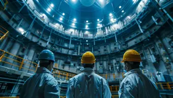 Zdjęcie dekoracyjne: trzy osoby w fartuchach i kaskach ochronnych stoją we wnętrzu elektrowni jądrowej.