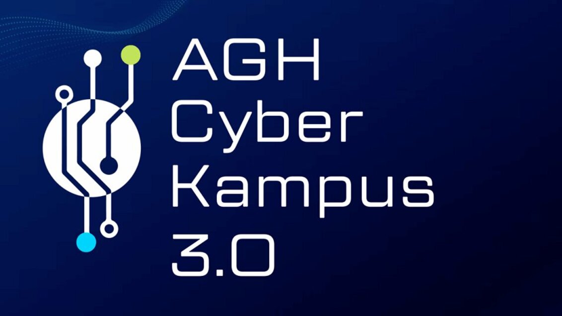 A poster of "AGH Cyber Campus 3.0" with the name of the event written in a large technical font right-hand side of a stylised logo.