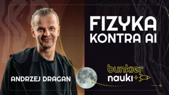 Grafika ilustracyjno-informacyjna z podtytułem odcinka („Fizyka kontra AI"), imieniem i nazwiskiem gościa-rozmówcy oraz jego zdjęciem.
