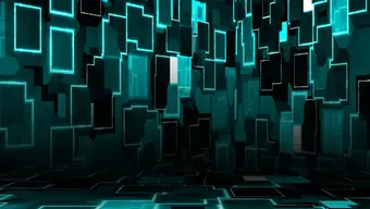 Kolorowa, abstrakcyjna grafika przedstawiająca cyber pomieszczenie pełne geometrycznych podświetlonych elementów.