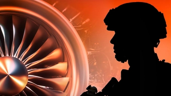 Grafika dekoracyjna: kolaż zdjęcia turbiny silnika odrzutowego oraz sylwetki żołnierza