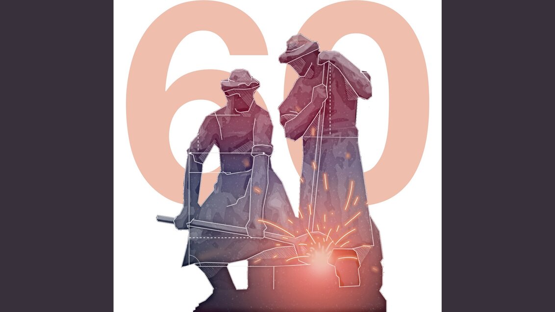 Kolorowa grafika ilustracyjna z wykadrowanym zdjęciem pomnika hutników, które znajduje się przed budynkiem AGH. W tle napis "60".