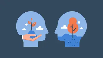 Grafika dekoracyjna: graficzny zarys dwóch głów z roślinami i krajobrazem w środku.