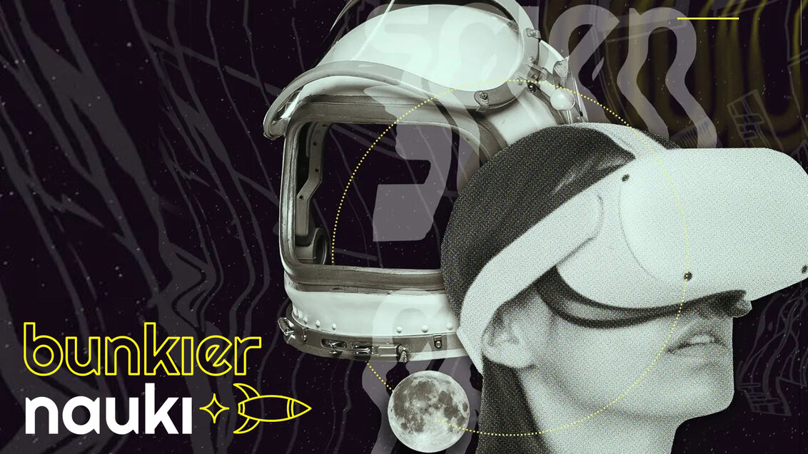A poster that promotes the channel. A woman in a VR headset, an astronaut’s helmet and the Moon in the centre of the image.