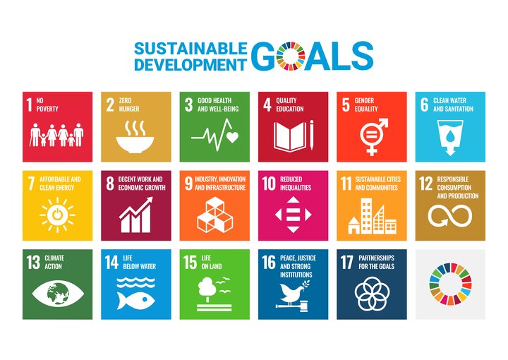 A poster of sustanable development goals presented in the form of 17 colorful tiles.