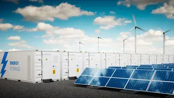 Grafika dekoracyjna: instalacja magazynowania energii współpracująca z panelami fotowoltaicznymi i turbinami wiatrowymi.