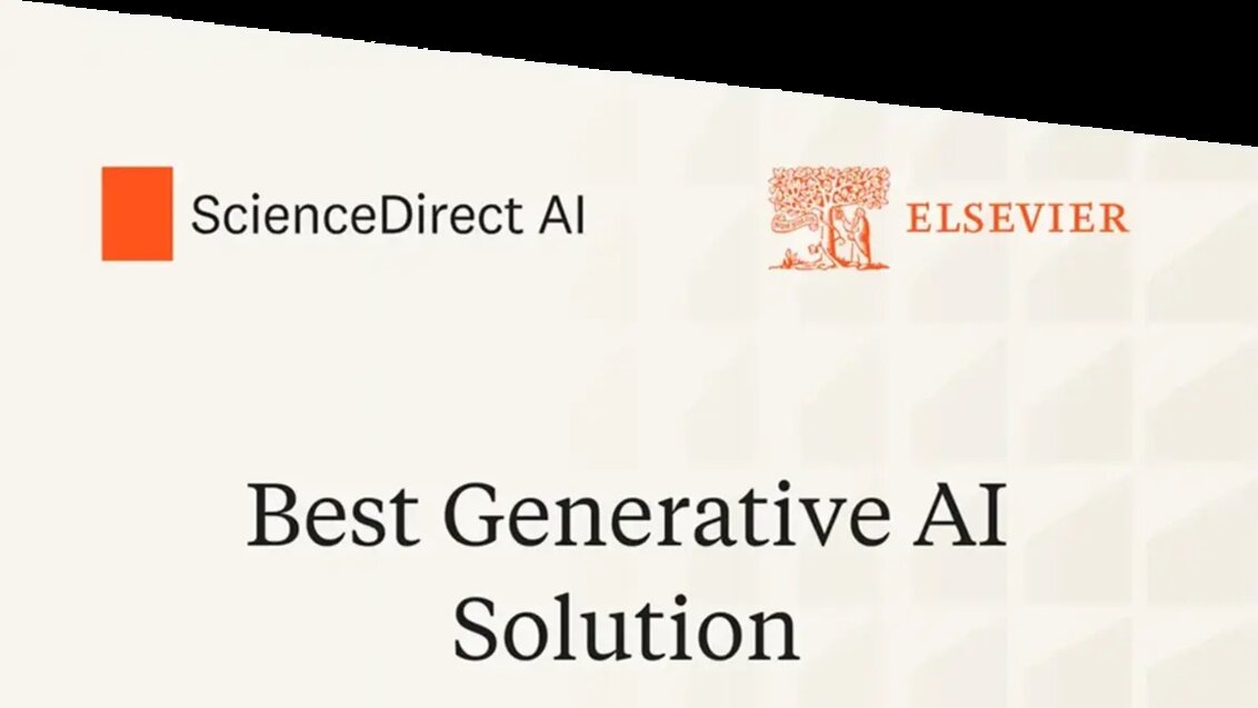 A decorative image with the logotypes of ScienceDirect AI and Elsevier in orange and a phrase "best generative AI solution" in the bottom.
