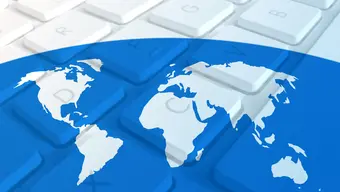 A stock image of a map of the world in blue and white