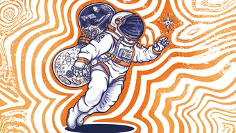 Rysunek przedstawiający astronautę z plecakiem w kształcie klepsydry, sięgającego dłonią w stronę gwiazdy. W plecaku widać piktogramy cząsteczek, kryształów oraz pojazdów kosmicznych.