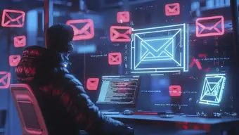 Zdjęcie przedstawiające mężczyznę siedzącego przed monitorem komputera (widać jego plecy i tył głowy). Na zdjęciu nieniesione w kolorze czerwonym i białym grafiki symbolizujące pocztę (ikonki koperty).