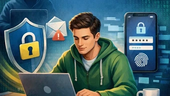 Ilustracja przedstawia osobę siedzącą przy laptopie. W tle znajdują się elementy związane z cyberbezpieczeństwem.