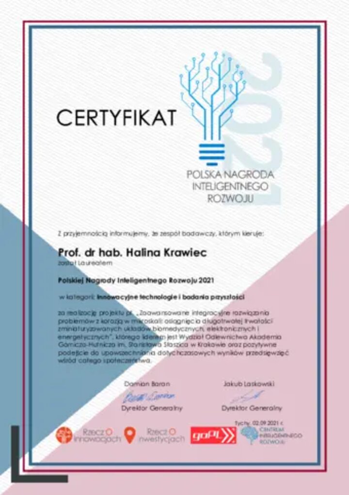 Pdf przedstawia certyfikat dla prof. Haliny Krawiec.