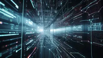 Grafika przedstawiająca wirtualny korytarz z elementami informatycznymi i kodującymi sprawiającymi wrażenie ruchu w tunelu.