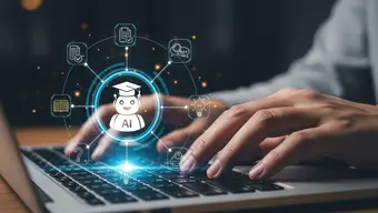 Laptop user with AI-themed digital overlay showing icons for learning, automation, and communication.