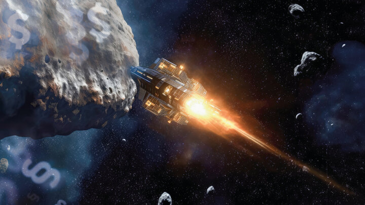 Statek kosmiczny lecący w stronę asteroidy