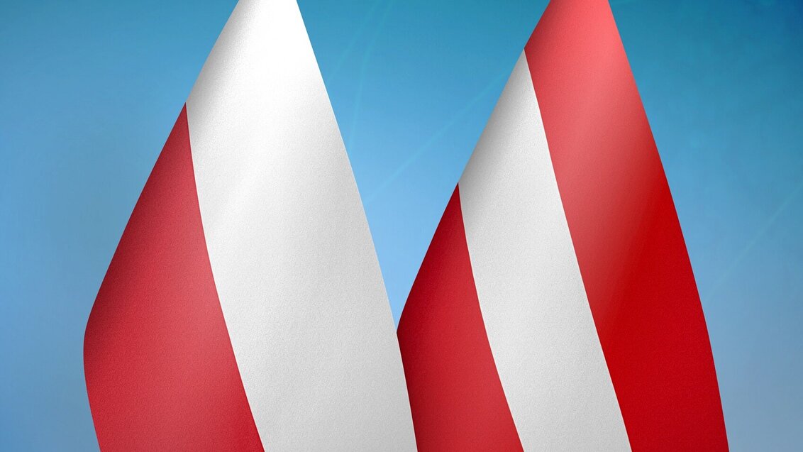 Grafika ilustracyjna: flagi polska i austriacka na błękitnym tle