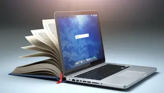 Zdjęcie ilustracyjne przedstawiające otwarty laptop. Tył jego monitora to otwarta książka.