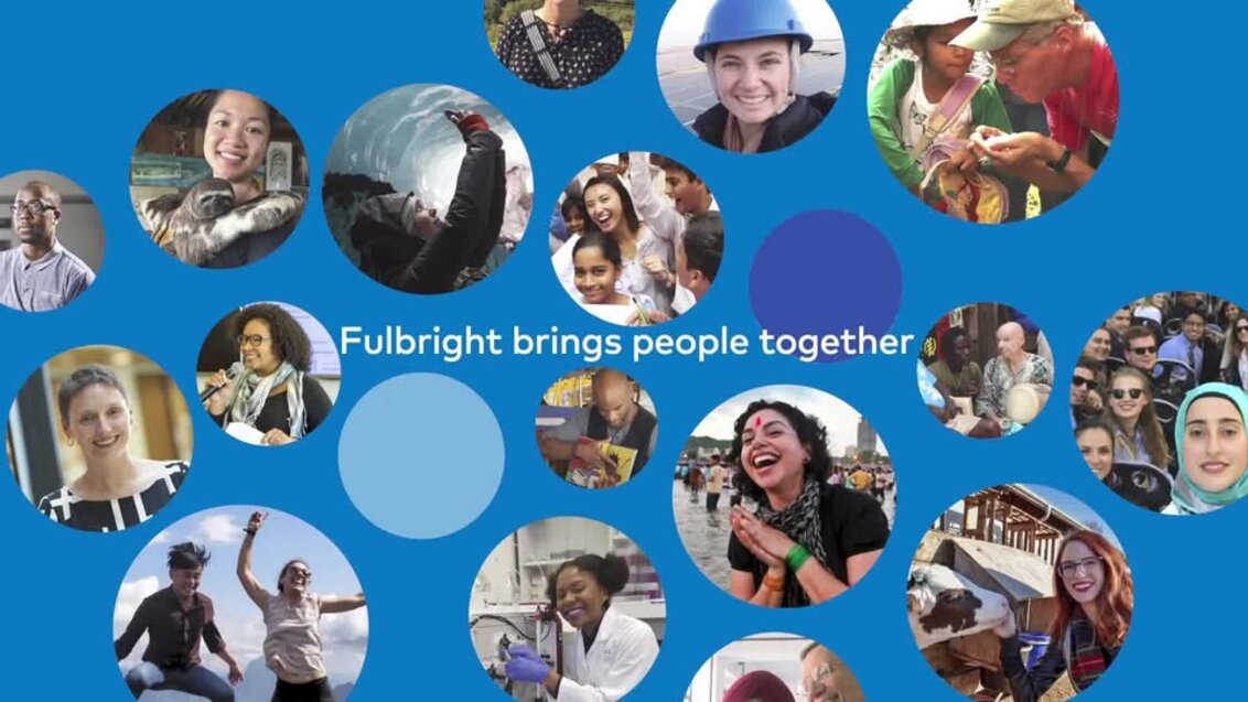 The image features circular photos of diverse individuals engaged in various activities, centered around the text "Fulbright brings people together".