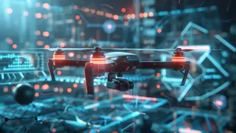 Grafika dekoracyjna: dron wyposażony w kamerę, unoszący się w futurystycznym, cyfrowym otoczeniu pełnym podświetlonych elementów.