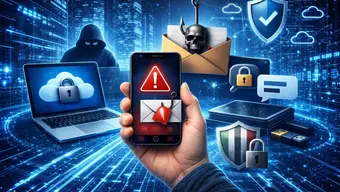 Grafika dekoracyjna: symbole cyberbezpieczeństwa, takie jak smartfon z alertem, zaszyfrowany laptop, ikony kłódek, tarcz i chmury, na tle cyfrowej infrastruktury.