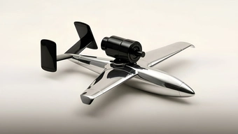 Visualisation of a silver unmanned jet aircraft.