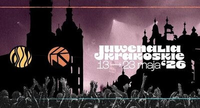 Dark, graphic poster showing a city skyline above a crowd with raised hands. White text reads “Juwenalia Krakowskie” and “13–23 maja ’26".