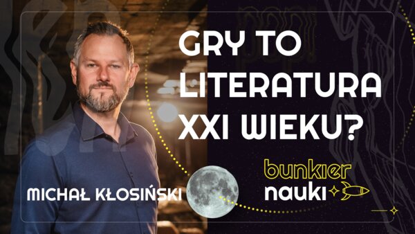 Grafika ilustracyjno-informacyjna z podtytułem odcinka („Gry to literatura XXI wieku?"), imieniem i nazwiskiem gościa-rozmówcy oraz jego zdjęciem.