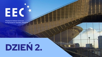 Grafika dekoracyjna: zdjęcie architektury katowickiego ronda po prawej stronie; po lewej nazwa kongresu i hasło "dzień 2."