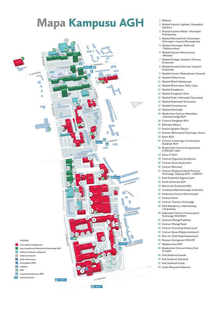 Mapa kampusu. Budynki oznaczone zielonymi i czerwonymi kolorami.