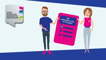 Poster z dwoma postaciami kobiety i mężczyzny zachęcającymi do głosowania. Pomiędzy nimi tablet. Po lewej tekst Budżet Obywatelski Województwa Małopolskiego