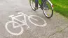 Person riding a blue bicycle on a paved bike path marked with a white bicycle symbol.