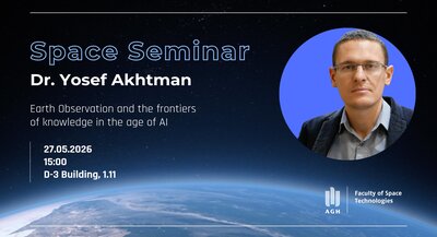 A poster of a space seminar with the title, date, time, and place of the event and a photo of the speaker.