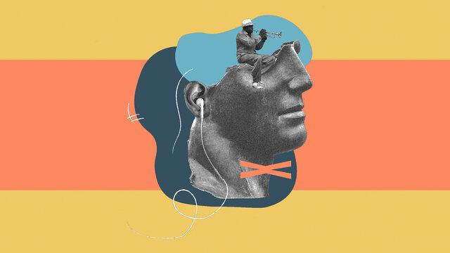 Colourful abstract collage. A sculpture of a human head in pewter colour from the neck up. The head is facing us with its right side with earphones hanging from the right ear. An X symbol on its neck, horizontally. On the cut-off top side of the head, there sits a man playing a trumpet.
