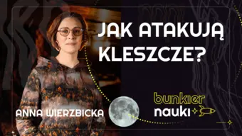 Grafika ilustracyjno-informacyjna z podtytułem odcinka („Jak atakują kleszcze?”), imieniem i nazwiskiem gościni-rozmówczyni oraz jej zdjęciem.