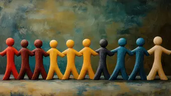 The image shows ten colorful figures holding hands, symbolizing unity and diversity.