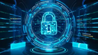 Grafika przedstawiająca cyfrową kłódkę w centrum futurystycznego interfejsu komputerowego.