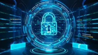 An abstract decorative graphic featuring a digital lock.