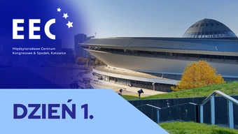 Grafika dekoracyjna: zdjęcie katowickiego Spodka po prawej stronie; po lewej nazwa kongresu i hasło "dzień 1."