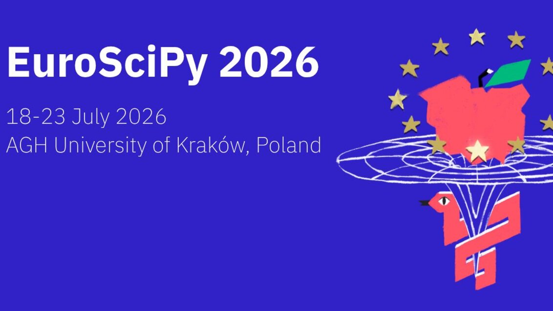 Promotional banner for EuroSciPy 2026 with a blue background and a stylised graphic featuring stars and abstract shapes.