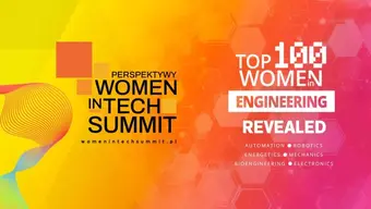 A yellow, orange, and pink poster of the Women in Tech Summit with the Top 100 Women in Engineering revealed