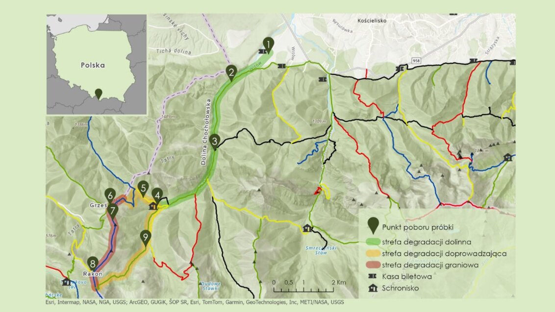 Map showing marked zones across a mountainous area, with different colored paths and key points highlighted.