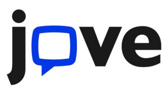 A large logotype of jove in a bold font with the letter "o" in the form of a text bubble.