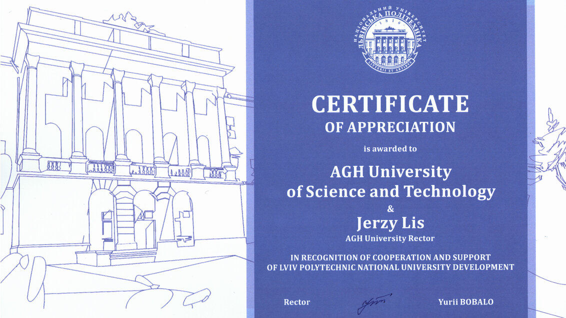 A scan of a certificate of appreciation given by the Lviv Polytechnic to the AGH University