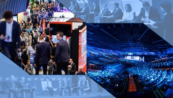 Collage of a large economic conference showing networking among attendees, exhibition booths, and a packed auditorium during a live event.