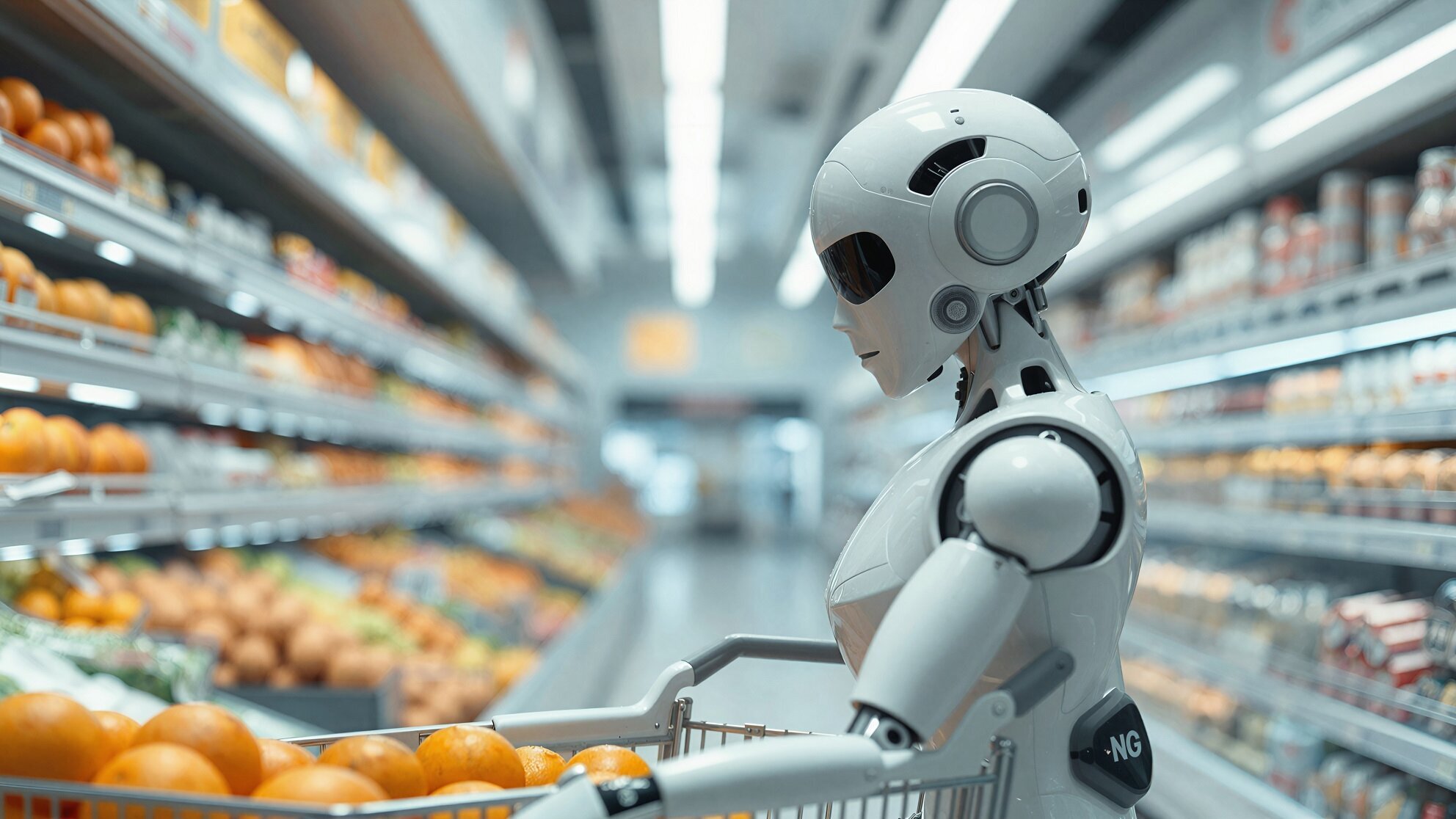 A decorative graphic of an autonomous humanoid robot in a shop environment.