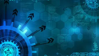 Abstract digital technology background with blue hexagonal patterns, gears, arrows, and circuit-like elements representing data flow and innovation.