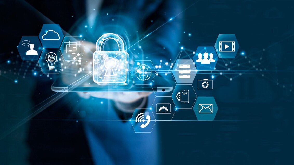 Digital security concept with a lock icon and technology symbols over a blurred person using a tablet